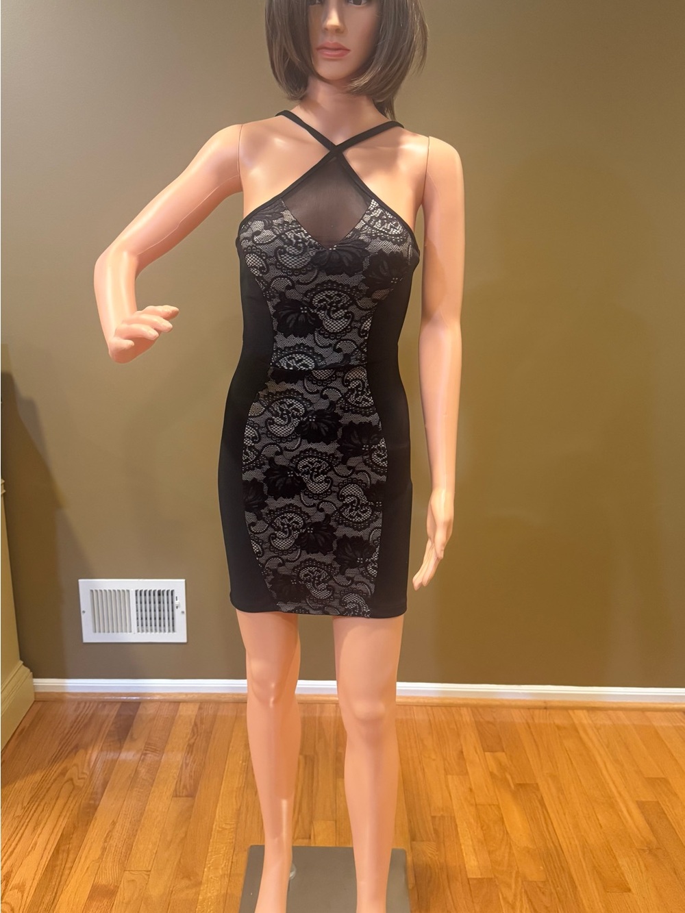 Trixxi Black Lace-Front Cross-Strap Mini Dress